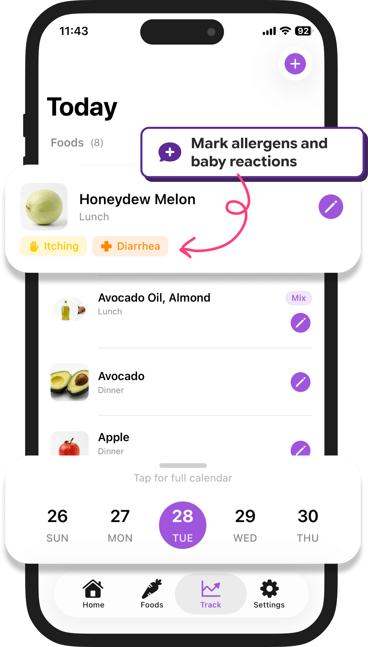 Alimoo app tracking meals and reactions