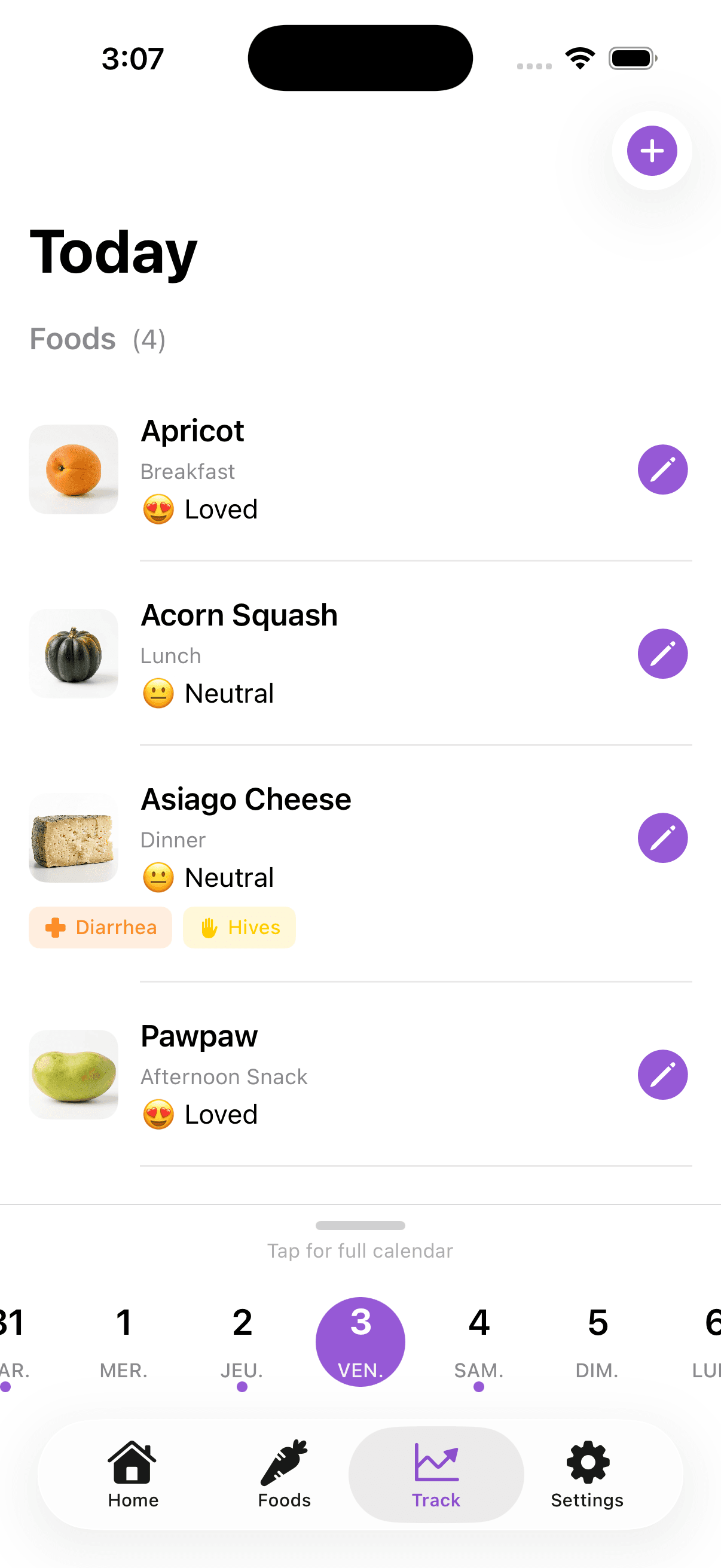 Daily food tracking timeline